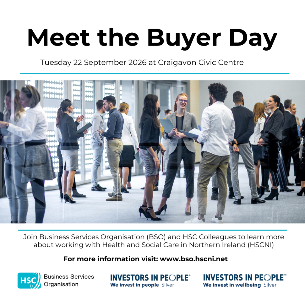 Promotional poster for “Meet the Buyer Day” on Tuesday 22 September 2026 at Craigavon Civic Centre. The poster features a photograph of professionals networking at a business event and invites suppliers to learn more about working with Health and Social Care in Northern Ireland (HSCNI). Business Services Organisation (BSO) branding and website details are displayed at the bottom.