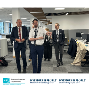 The Permanent Secretary to the Department of Health is guided through the BSO Information Technology Services offices at James House by members of the ITS Senior Management Team. The visit showcased the range of digital services and systems supporting Health and Social Care across Northern Ireland.