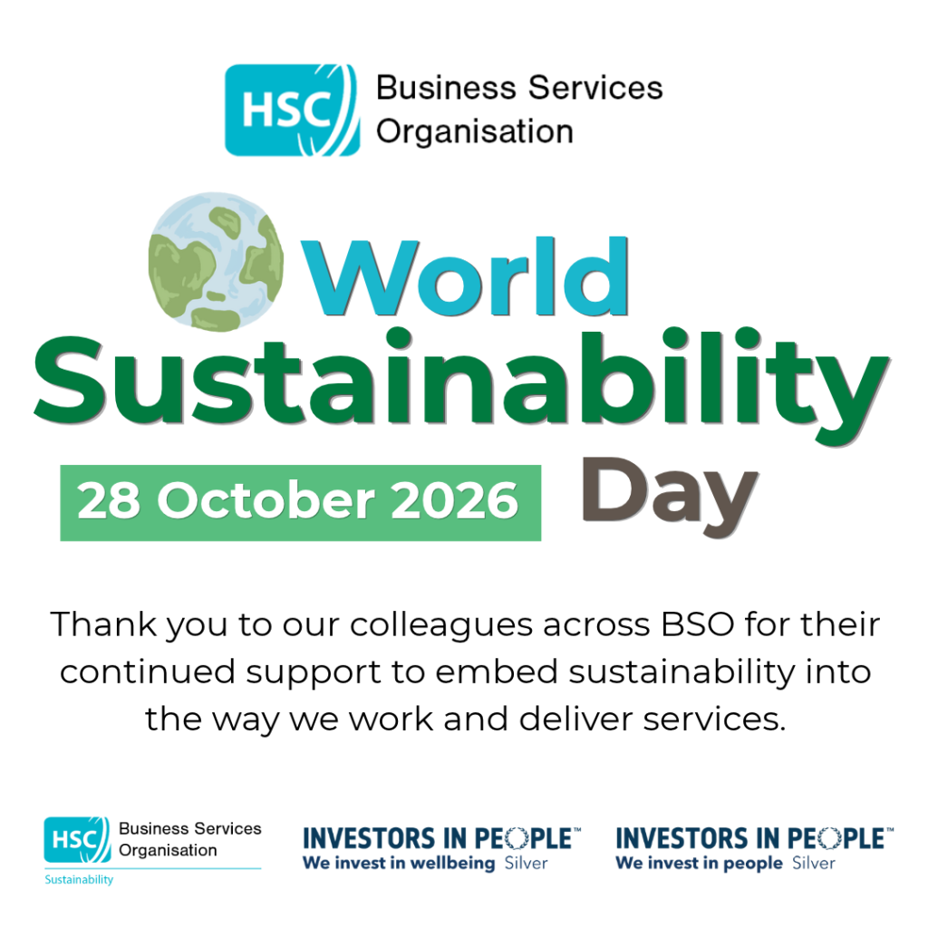 Graphic for World Sustainability Day from HSC Business Services Organisation. The design features an illustrated globe alongside the words “World Sustainability Day” and the date “28 October 2026”. The message reads: “Thank you to our colleagues across BSO for their continued support to embed sustainability into the way we work and deliver services.” Logos for HSC Business Services Organisation Sustainability and Investors in People Silver appear at the bottom.